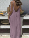 Women's Solid Color Backless Cami Dress Summer Sexy Loose Long Dress Casual Backless Lace-Up Robe Femme Party Dresses Home Wear