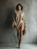 Elegant Long Sleeve Solid Knitwear Sweaters Dresses Women High-Neck Casual Commute Clothes Autumn Winter Female Pullover Dress