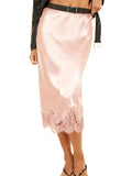 Women Elegant Lace Patchwork Satin Skirt Chic Solid High Waist Loose Midi A-line Skirts Lady Holiday Party Street Wear 2026 New