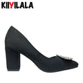 Super Big Size 50-53 Crystals Round Buckle7cm Chunky Heel Pumps Women Shoes Leisure Pointed Toe Flock Black Fashion