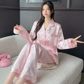 Women Silk Satin Pajamas Long Sleeve Button Collar Sleepwear Pink Butterfly Print Silky Loungewear Two Piece Pj Set Pants Pijama