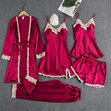 2025 Luxury Satin Pajama Set 5 Pcs Women's Silky Sleepwear Lace Trim Robe Nightgown Cami Shorts Pants Elegant Loungewear New Hot
