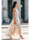 Elegant Floral Print Halter Neck Sleeveless Flowy Chiffon A-Line Long Dress For Women