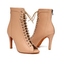 HROYL High Heel Dance Shoes Woman Beige Black Latin Dance Booties Women Open Toe Lace Up Stiletto Boots for Girls Suede Sole