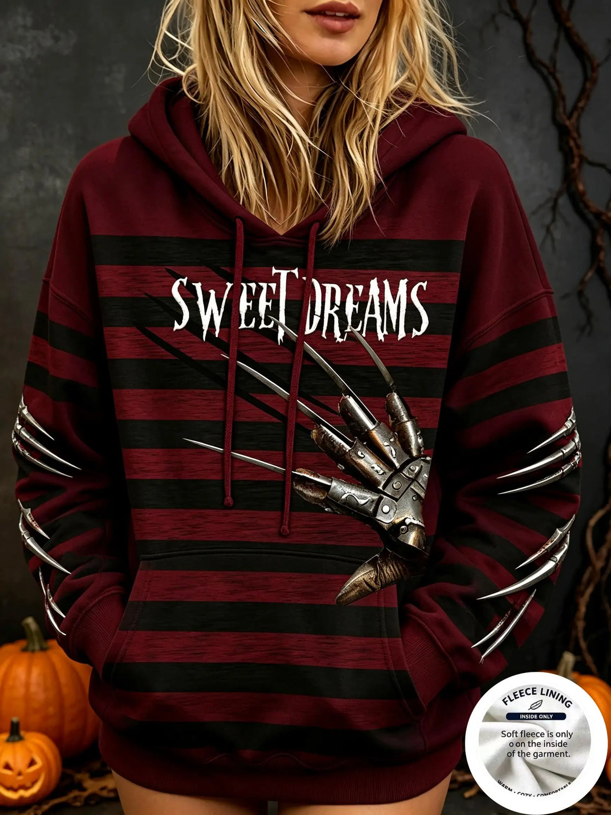 Women Fleece Hoodie Halloween Horror Stripe Metal Claw Print Long Sleeve Pullover