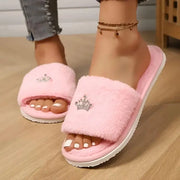 Fashion Crown Decoration Home Slippers for Women 2026 Winter Soft Sole Fluffy Slippers Warm Short Plush Open Toe Slides Shoes