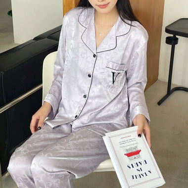 Purple Print Homewear 2Pcs Outfit Women Luxury Silk Satin Pajamas Suit Long Shirt&pants Summer Autumn New Home Clothes Nightwear