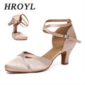 Women's Latin Dance Shoes Ballroom Salsa Waltz Tango Square Modern Dance Shoes Ladies Elegant Closed Toe Satin Rhinestone Shoes