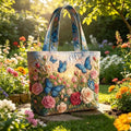 Butterfly Patterns Women Quilted Tote Bag Vintage Lightweight Canvas Shoulder Bag 3D Printed Patterns Large Capacity