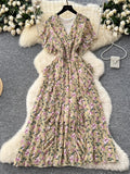 French Floral Printed Dress Women Sexy Cross V-neck Short Sleeved Vintage Long Dresses Ladies Ruffled Beach Long Robe Vestidos
