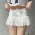 Embroidered Flower Lace Mini Skirt Y2K Streetwear Harajuku Ruched Skirts Double Layer See Through Lace Up Ruffles Skirt