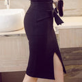 New Fashion Women Pencil Skirt Knee Length High Waist Elegant Open Slit Bow Skirt Size S-5XL