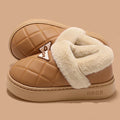 Pu Leather Waterproof Thick Bottom Plush Slippers Women Warm Anti Slip Platform Cotton Padded Shoes Soft Sole Fluffy Snow Boots