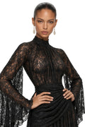 Women High Neck Sheer Floral Lace Maxi Evening Dress Elegant Flare Bell Long Sleeve Formal Gown Wedding Guest Banquet Party