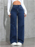 American Women's Blue Washed High-Waisted Straight-Leg Jeans Loose Fashion Front & Back Pockets Jeans Suitable Daily Casual Wear