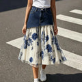 1. Plus Size Irregular Denim Waist Spliced Blue Floral Print Chiffon Midi Skirt Ladies Layered A-Line Skirt