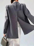 LANMREM] Tide Designer Back Button Blazer For Women Gray Notched Long Sleeve Fashion Female Coat 2025 Spring New Clothing