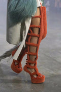 2026 New Fuzzy Flock Gladiator Thigh High Sandals Hollow Out Cut Out Stiletto Super Platform Heels Women Runway Show Party Shoes