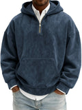 Hoodie Sweatshirt Men's American Retro Suede Half Zipper Hoodie Oversized Solid Hooded Sweatshirt Autumn Winter Casual Pullover With Kangaroo Pkt