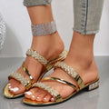 Women's Slip On Gold Crystal Low Heel Sandals Summer 2026 Shiny Straps Mules Shoes Woman Comfortable Square Toe Sandalias Mujer