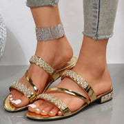 Women's Slip On Gold Crystal Low Heel Sandals Summer 2026 Shiny Straps Mules Shoes Woman Comfortable Square Toe Sandalias Mujer