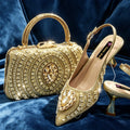 2026 Italian Inspired Gold Rhinestone HAND CRAFTED UPPER Pointed Toe Women High Heels Shoes and Bag Set Elegant Party Shoes