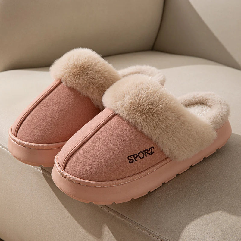 Winter Warm House Slippers Women Soft Faux Fur Collar Plush Lining Thick Non-Slip Sole Indoor Bedroom Home Couple Shoes