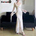FOTVOTEE Chic French Style Lace Dresses Women See Through Long Sleeve Floral Decoration Maxi Dress Temperament Sexy Party Dress
