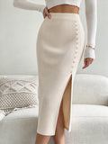 Women Ribbed Knit Midi Pencil Skirt High Waist Side Buttons Slit Bodycon Slim Fit Elegant Casual Office Long Skirt