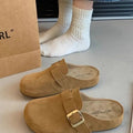 Women Suede Clog Mules, Round Toe Metal Buckle, Slip‑on Backless Design,Soft Flat Sole, Casual Retro Outdoor Daily Slipper Shoes