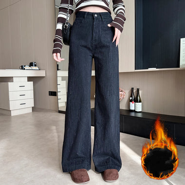 Winter Thick Straight Rhinestones Fleece Jeans Women's Casual Wide Fashion Trousers Warm Loose Straight High Waist Denim Pants