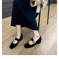 2025 Luxury Shoes Mary Jeans Woman Velvet Med-High Heels&Flats Heeled Loafers Crystal Leather Belt Strap Ballets Femme Chaussure