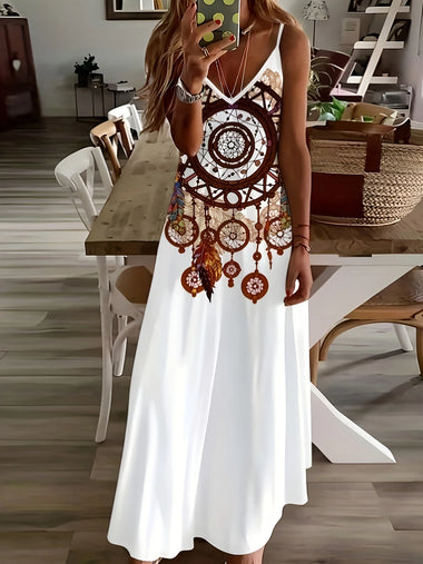 Women's Vacation Dress with Round Floral Print Summer Casual Sleeveless A-Line Maxi Dress for Beach Party Travel Spring