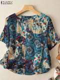 ZANZEA Summer Bohemian Tops Tunic Vintage Women Short Sleeve Blouse Casual Floral Printed Work Shirt Retro Party Blusas Oversize