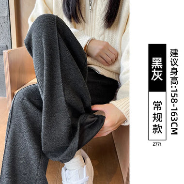 Women Fleece Lined Herringbone High Waist Straight Wool Blend Pants Trousers