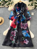 SINGREINY High Quality 3D Floral Dress Female Single Breasted Puff Sleeves Chic French Vintage Senior Organza Print Long Dress