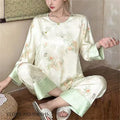 New Chinese Style Women Pajamas Set Loungewear Elegant Print Flower Sleepwear Trouser Suits Loose Silk Satin Homewear Pyjama