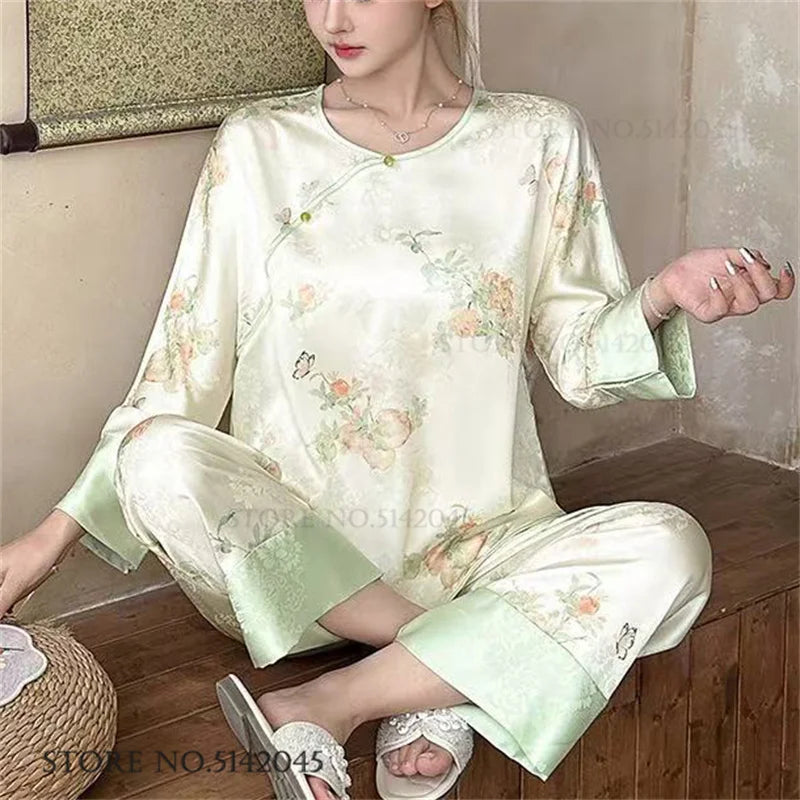New Chinese Style Women Pajamas Set Loungewear Elegant Print Flower Sleepwear Trouser Suits Loose Silk Satin Homewear Pyjama