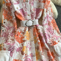 French Vintage Print Floral Hollow Out Lace Dress Women Spring Autumn Turn-Down Collar Long Sleeve Single Breasted Elegant Dress