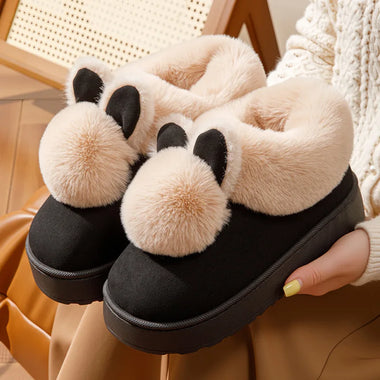 Winter Plush Slippers for Women & Men - Thick Sole Couple House Shoes, Cozy Faux Rabbit Fur Indoor Slides with Closed Back