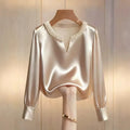 Women Satin V Neck Blouse Pearl Beaded Collar Long Sleeve Elegant Office Shirt Top