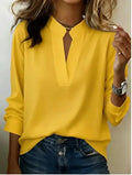Women's Elegant Solid White V-Neck Long Sleeve Blouse with Flowy Loose Fit and Notch Collar for Casual Office Wear Women Shirts