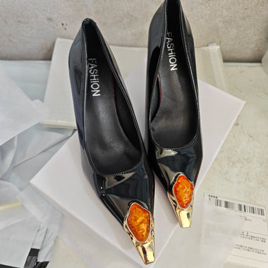 Women's Fashion Gemstone Metal Pointed Shallow Mouth Set Foot Anti-slip Wear-resistant High Heels Spring New Stiletto Shoes