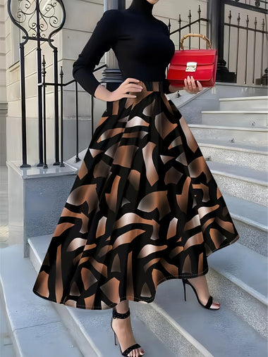 Women's Vacation Style Skirt with Brown Black Abstract Geometric Print High Waist A Line Midi Skirt Summer Casual Office Wear
