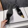 New Summer Women's High-heeled Sandals Gold Iron Head Patent Leather Black Stiletto Square Head Closed Toe Sling Back Shoes