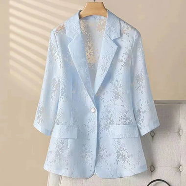 2025 New Female Leisure Thin Blazer 4XL Large Size Hollow Out Sunscreen Jacket Summer Korean Slim Three Quarter Sleeve Suit Coat