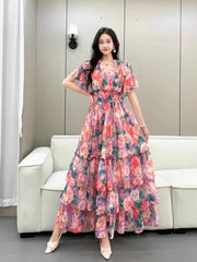 French Retro V-Neck Ruffle Sleeves Pleated Floral Dress For Women 2025 Summer High Waist Slimming Chiffon Long Dress w104