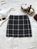 Women Elastic Waist Checkered Split Hem Mini Skirt Slim Fit Y2K Sexy Xmas Party Vintage Preppy Skirt