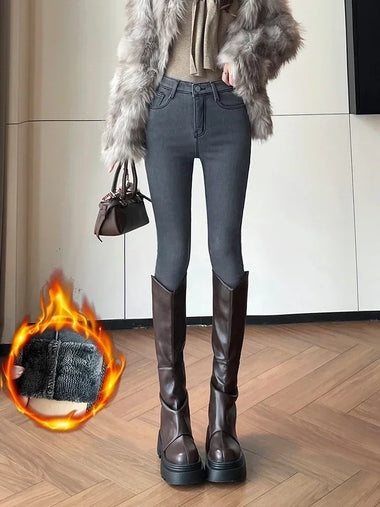 Winter Fleece-Lined Jeans Women's High-Waist Thickened Warm Elastic Slim-Fit Tight Slimming Pencil Pants for Outer Wear Base