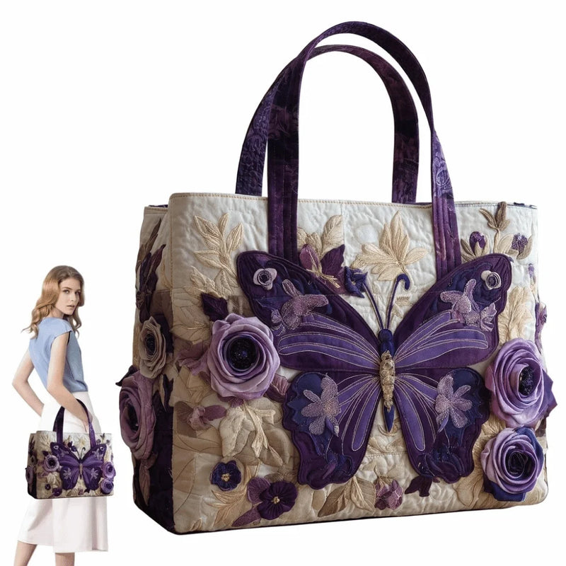 Butterfly Patterns Women Quilted Tote Bag Vintage Lightweight Canvas Shoulder Bag 3D Printed Patterns Large Capacity